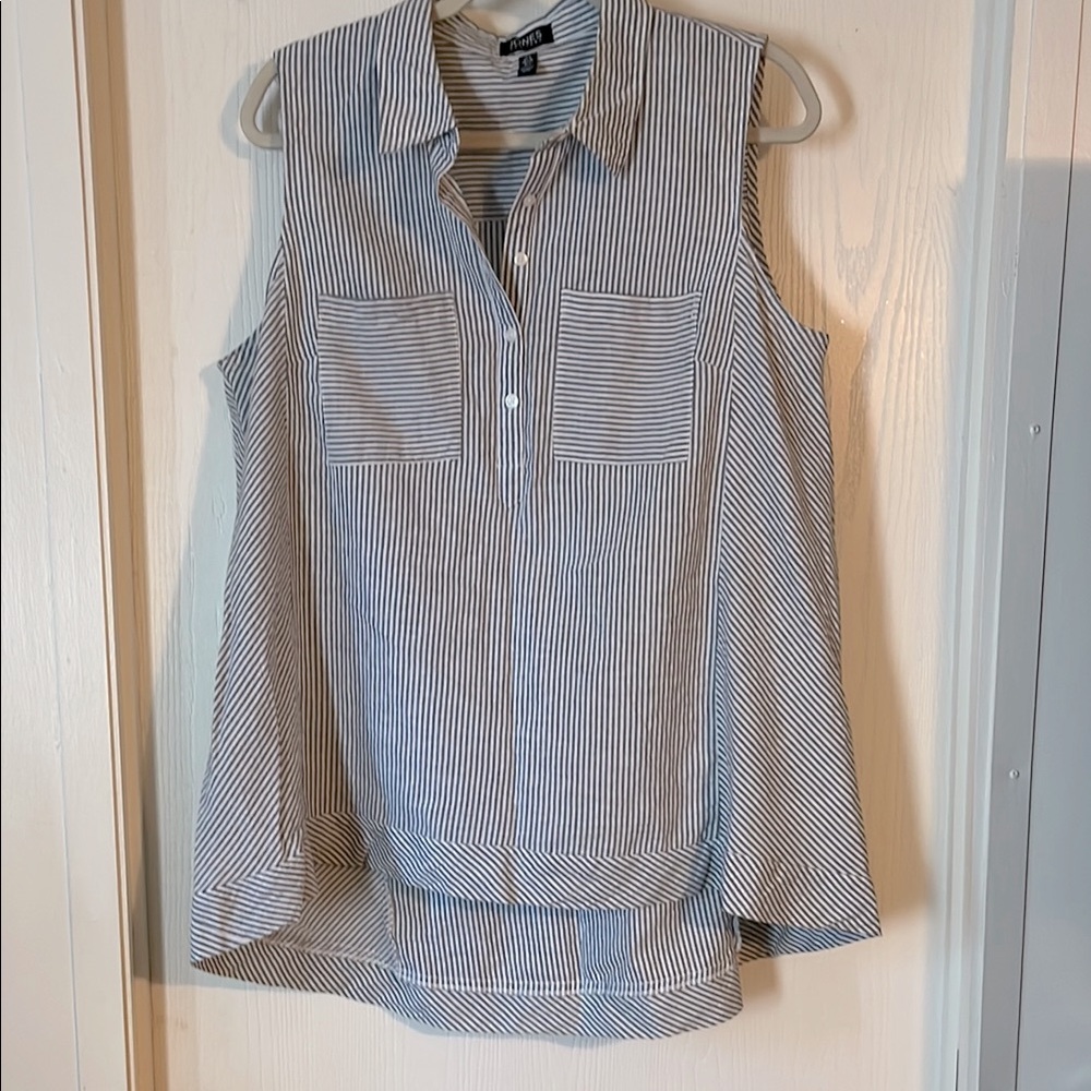 Jones NY Blue & White Striped Cotton Sleeveless Tunic Top large